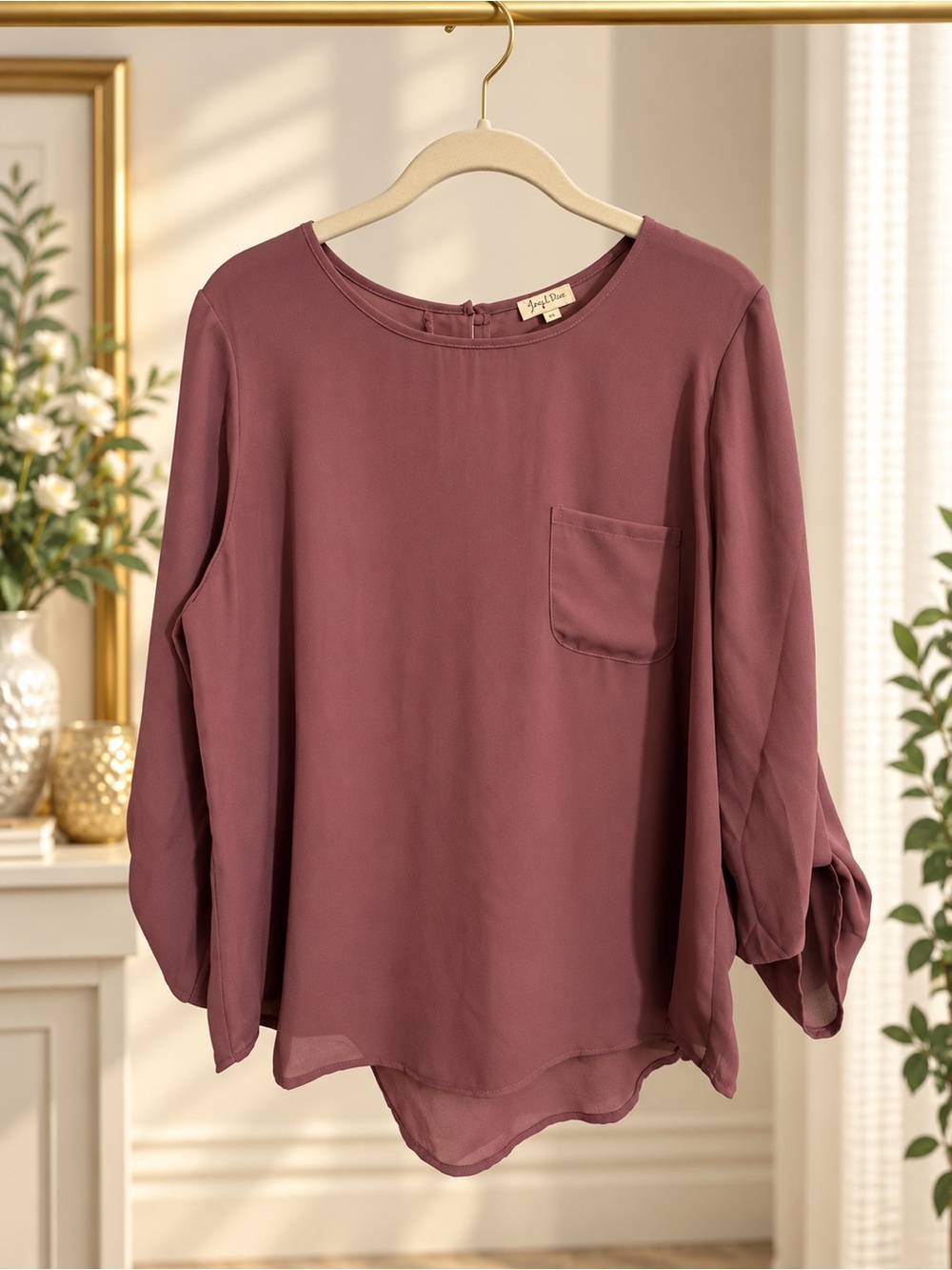 Lily White Mauve Roll Tab Long Sleeve Pocket Blouse Size XL